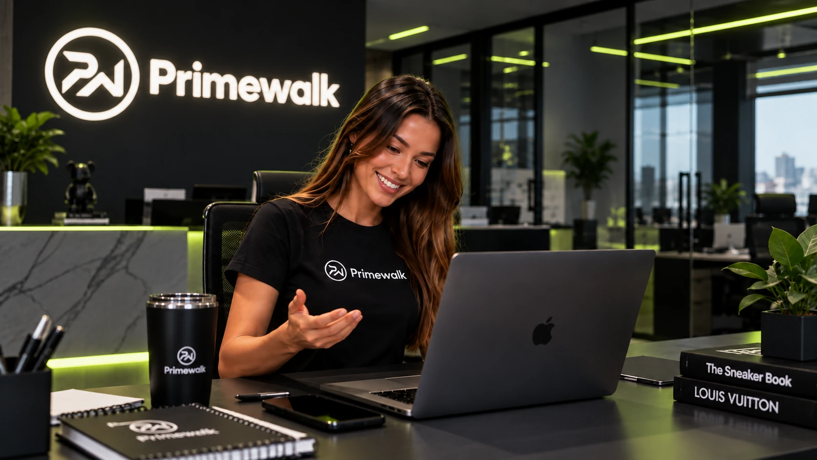 Atendimento Primewalk em escritório com iluminação verde-limão